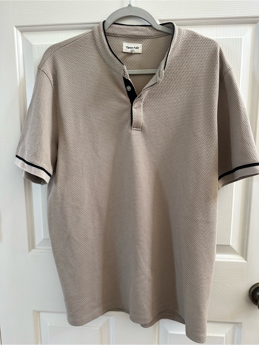 Men's Open Edit Beige Short-Sleeve Henley Polo